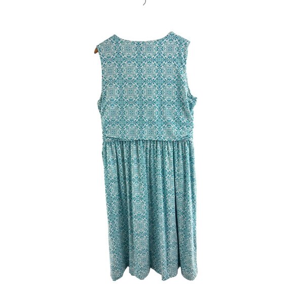 Lands' End Teal White Print Faux-Wrap Soft Knit Dress Size XL 18 Plus Sz Summer - Picture 2 of 4